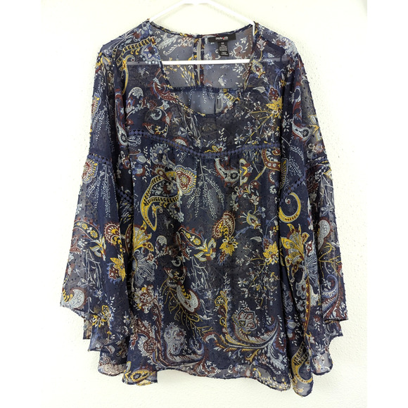 Style & Co sz 3X Sheer Blouse not lined long flare sleeves dark blue top 0991 - Picture 1 of 5